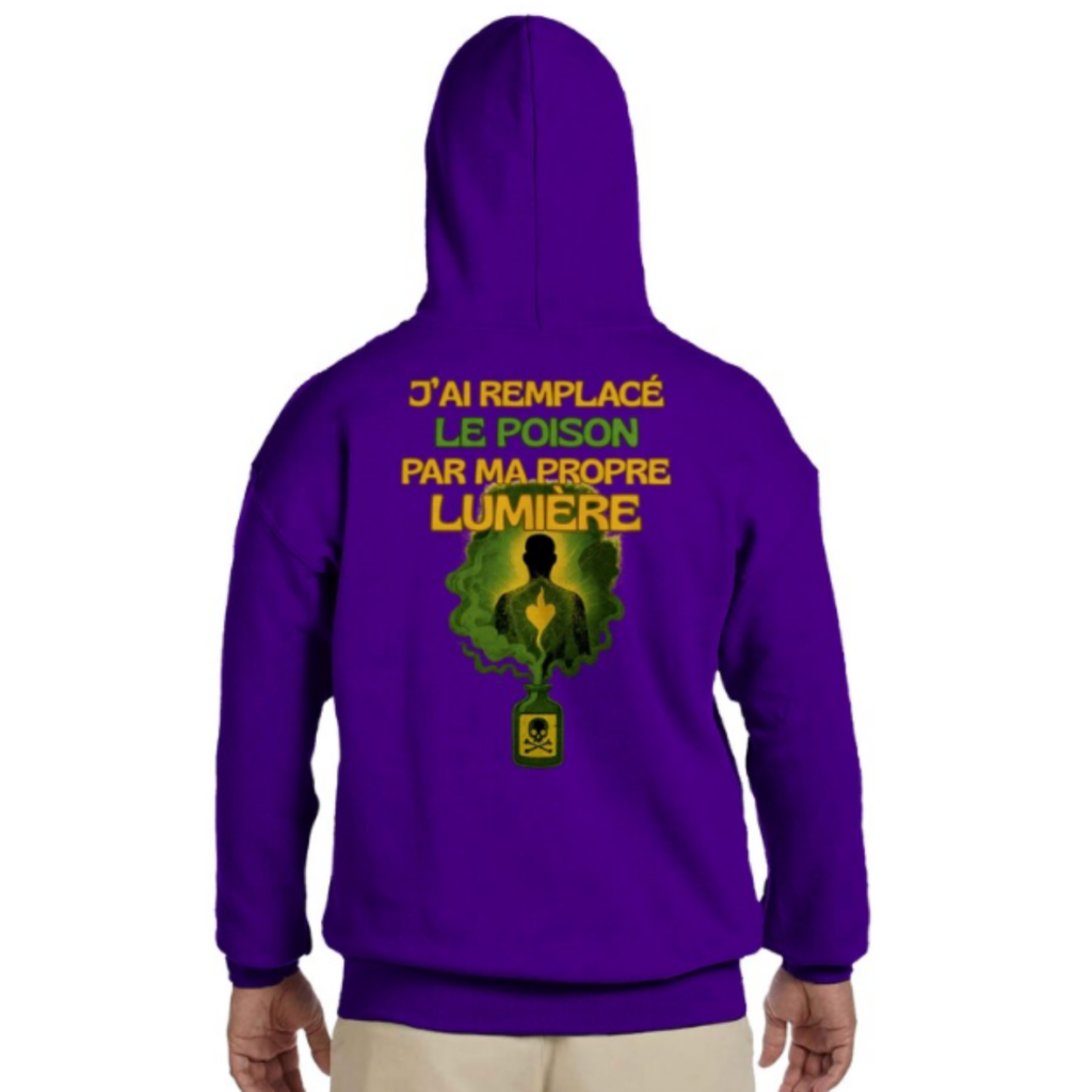 Hoodie solidaire Voix Silencieuses avec message « J’ai remplacé le poison par ma propre lumière »
